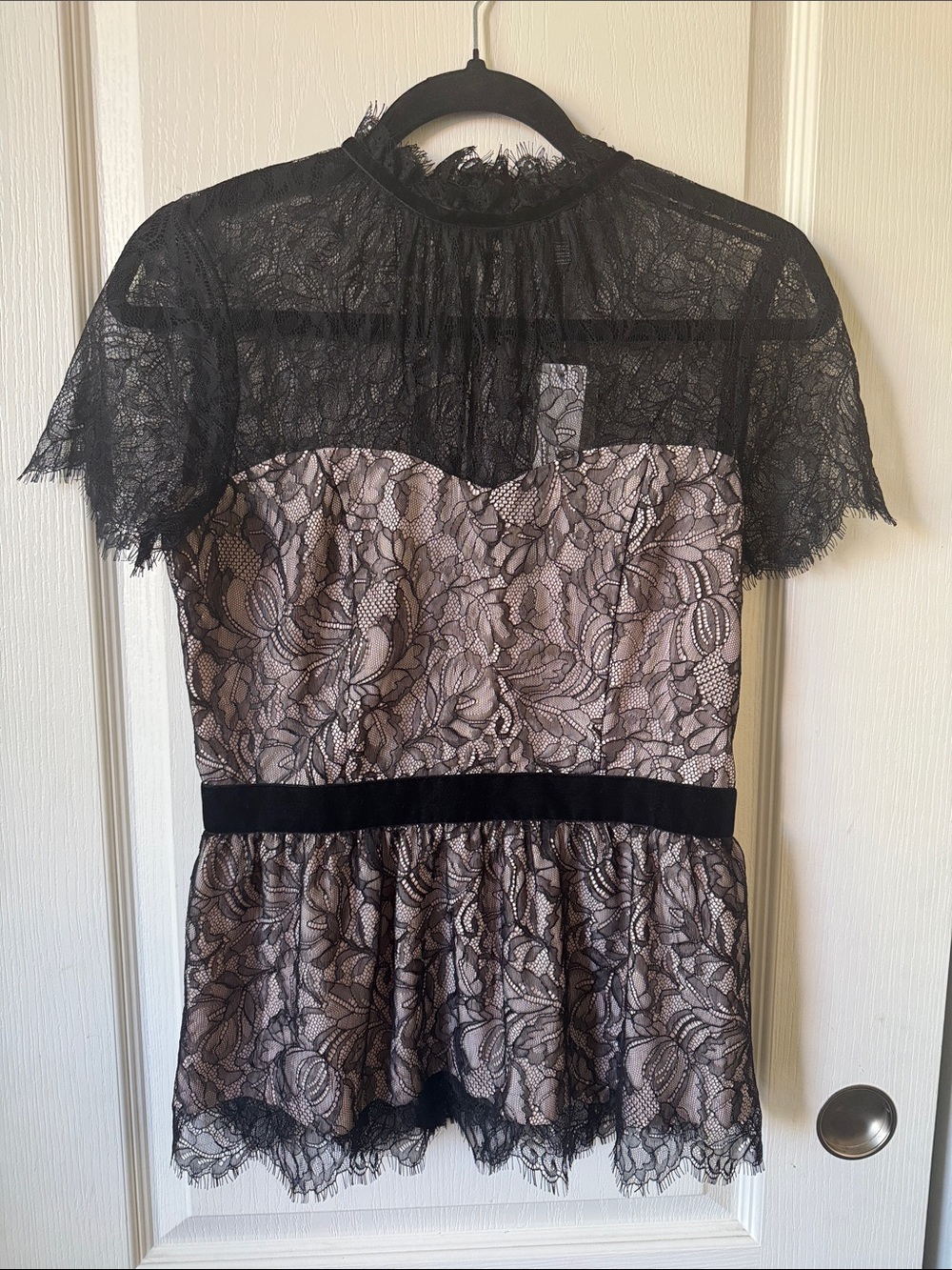 WHBM NWT Black Nude Lace Peplum Blouse Size 0 Elegant Party Top